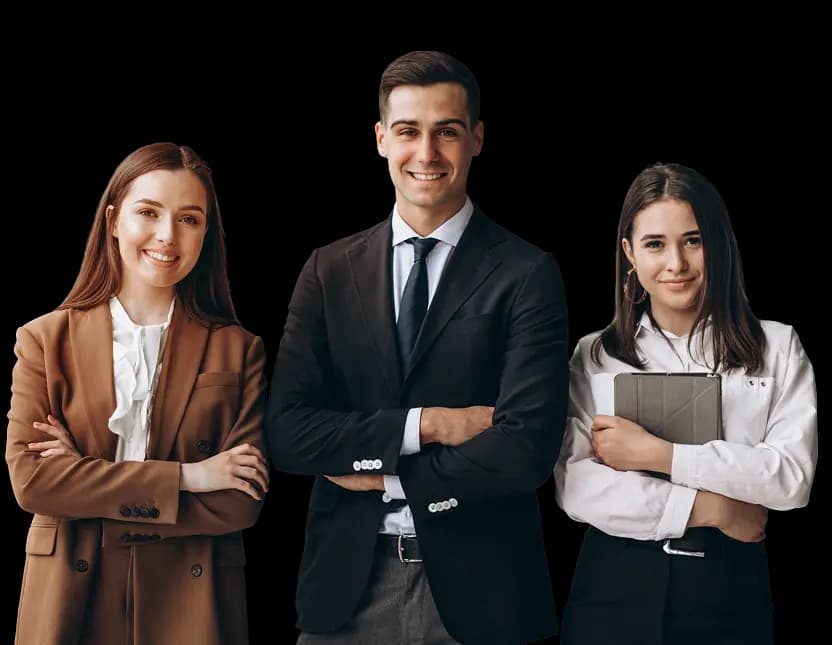 Professionals standing in front of an abstract background